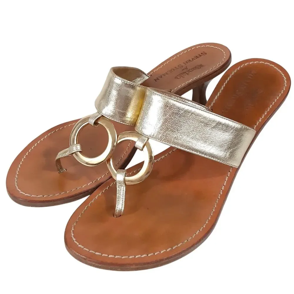 Il Sandalo Leather Thong Sandals Toe Post Kitten Heel Gold Metallic 36 Flip Flop